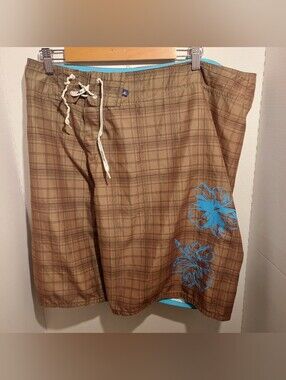 Hobie Plaid Board shorts Mens size 38 Floral Flower Print Boardshorts Cargo